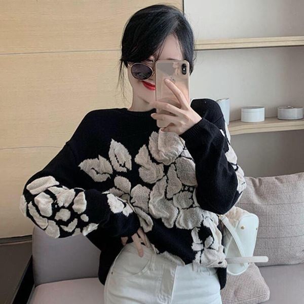 

black embroidered knitted sweater women's autumn new round neck foreign style lazy wind loose wear retro top, White;black