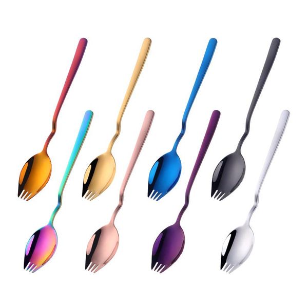 

4pcs stainless steel 3 in 1 sporks mixing spoon fork knife noodle fruit utensil hanging cup salad spork gold dessert dinnerware