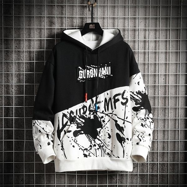 

patchwork mens hoodies yellow hoodie streetwear thick sweatshirt hip hop printed sweatshirts male fashion 201127, Black