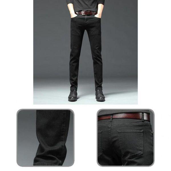 

men's jeans multi pockets soft mid-waist straight black business streetwear, Blue