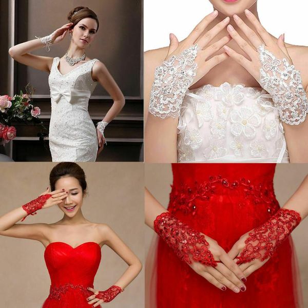 

bridal gloves wedding wrist short lace fingerless white ivory red evening dress