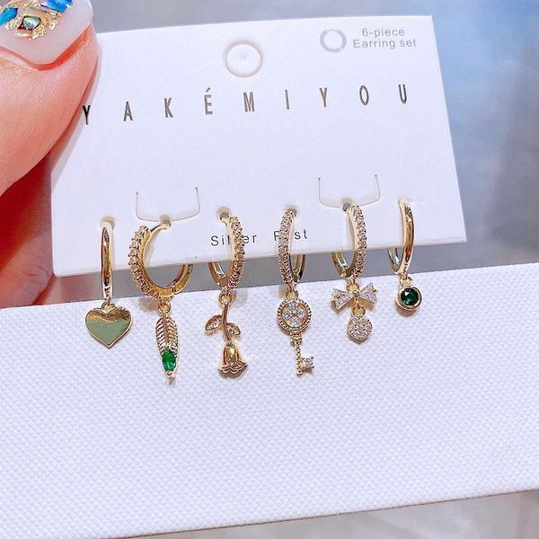 

hoop & huggie exquisite 6pcs mixed pendant earrings set gold color heart key bowknot green stone for women, Golden;silver