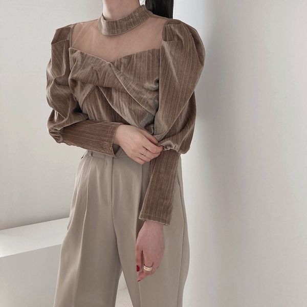 

elegance sleeves patchwork 2021 women slim gentle new mesh work wear stylish brief office lady basic shirts smss, White