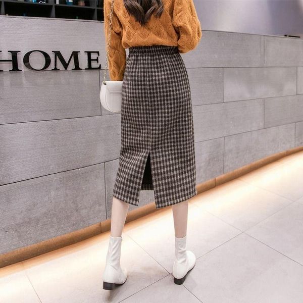 

skirts houndstooth children autumn and winter below the knee straight split woman faldas jupe, Black