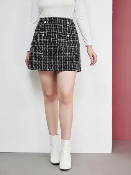 

plus tweed double breasted plaid skirt a8tw#, Black