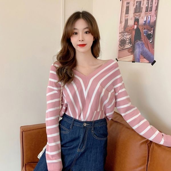 

new 2021 spring/autumn female nightgown striped korean with long sleeve v-cleavage neckline loose-fitting sweater qxct, White;black