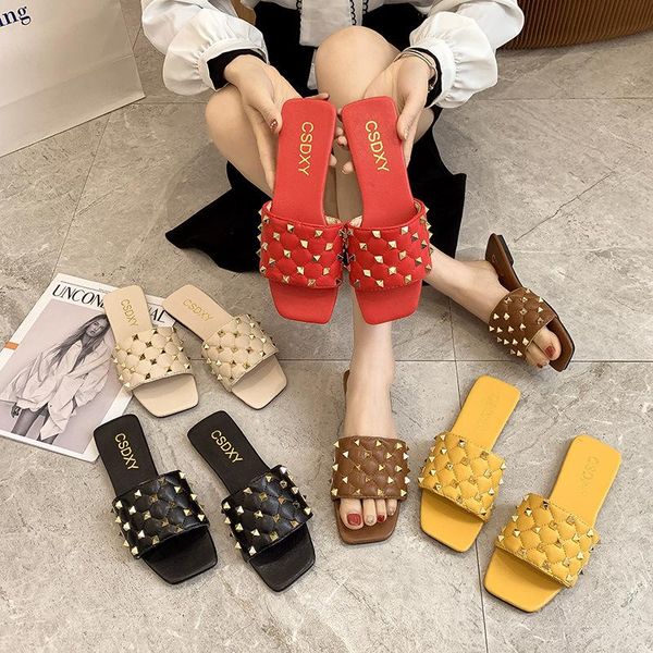 

slippers 2021 square head women's sandals summer large size rivets flat bottom beach woman shoes outside wear a flip-flops, Black