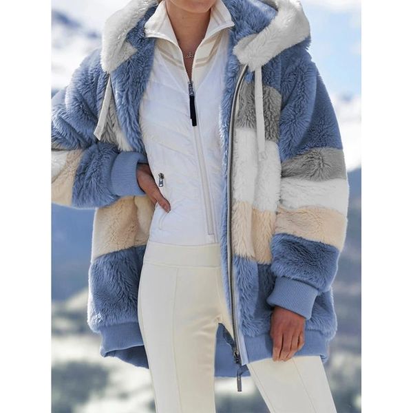 

women's jackets winter women fashion jacket plush patchwork zipper pocket hooded ladies retro loose long sleeve coat outwear, Black;brown