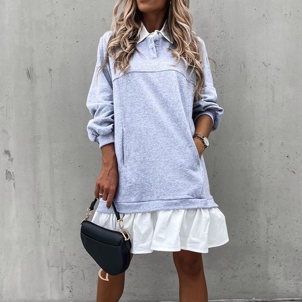 

casual dresses 2021 autumn women dress winter ruffles pocket button sweatshirt color matching long sleeve loose streetwear, Black;gray