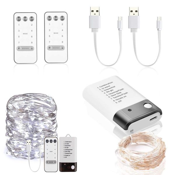 LED Dizeleri Işık 2 M 5 M 10 M USB AA Pil Tatil Aydınlatma Bakır Dize Işıkları 8 Modları Uzaktan Kumanda Noel Su Geçirmez Garland Parti Düğün Dekorasyon