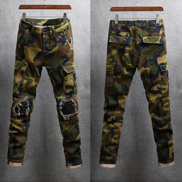 

2021 new fashion streetwear men jeans slim fit camouflage pathes designer ripped denim punk trousers big pocket hip hop cargo pants homme m9, Blue