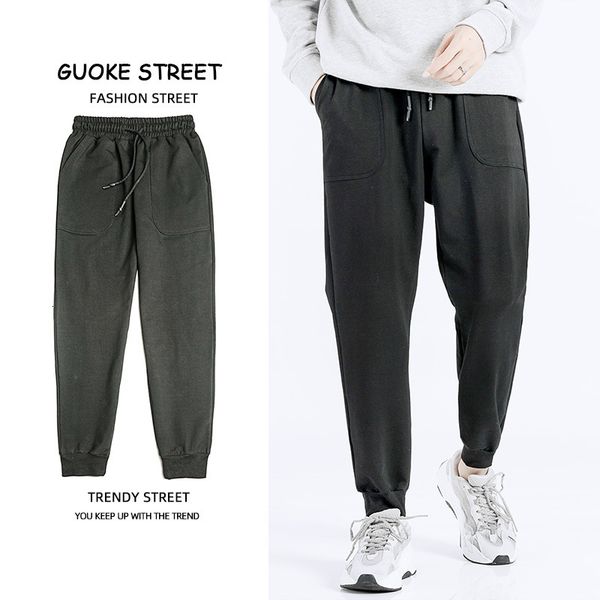 

2021 quality brand men's trendy wild trousers high street fashion elasticity casual pants male autumn new men solid sweatpants ik2m, Black