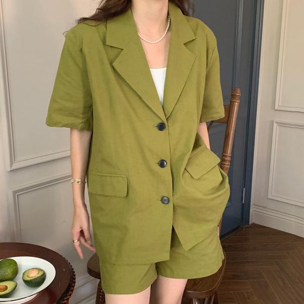 

women's tracksuits korean chic retro suit collar three-button cardigan jacket + high waist wide-leg slacks shorts two-piece female, Gray