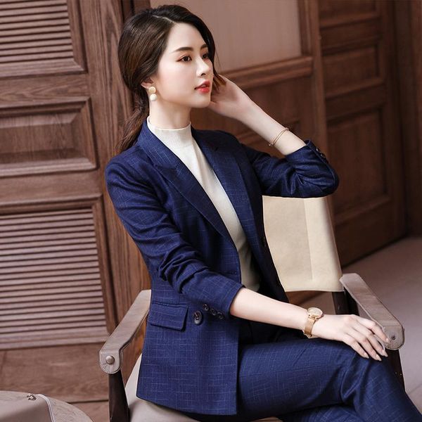 

women's two piece pants fabric elegant plaid ladies office formal business suits pantsuits women work wear blazers ol styles tr, White