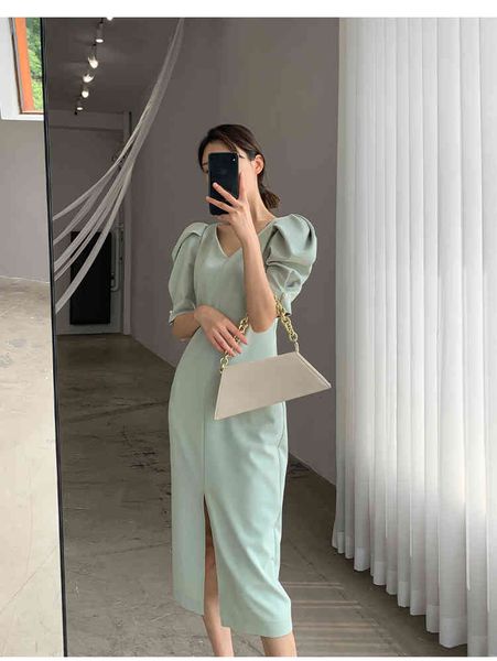 

casual dresses women summer midi split elegant retro fold beaded v-neck solid color light green chic puff sleeves dress u8sn, Black;gray