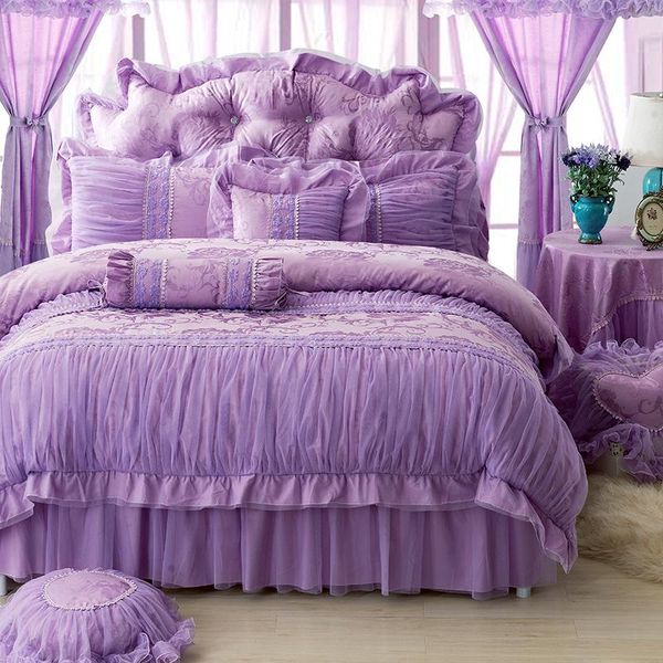 

new korean purple lace bedding set bedspread 4pcs romantic princess bedclothes bed set cotton duvet covers bed skirt  king