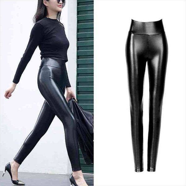 

empire high elastic leather women legging party pants wide waist slim large stretch lady trousers push up hip, Black