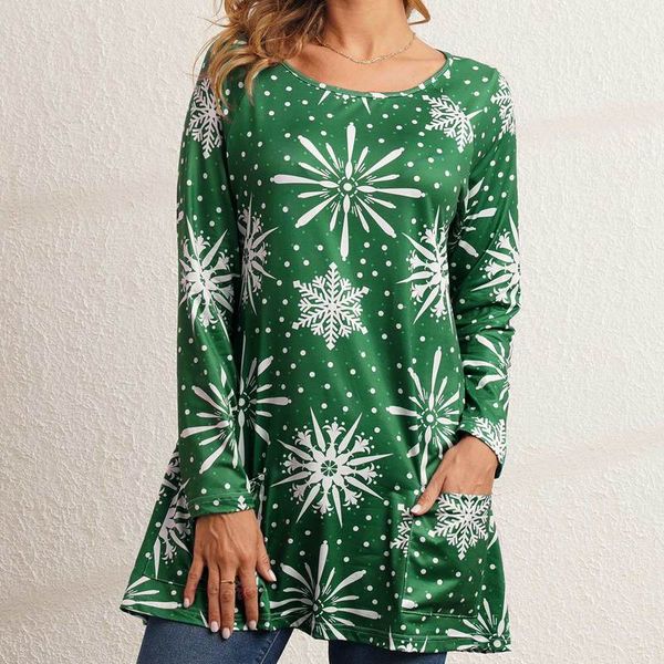 

christmas snowflake print green long sleeve pocket t shirt, White