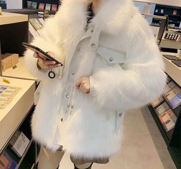 

winter lapel hairy shaggy faux fox fur jacket streetwear long sleeve furry fur women coat pockets short outerwear, Black