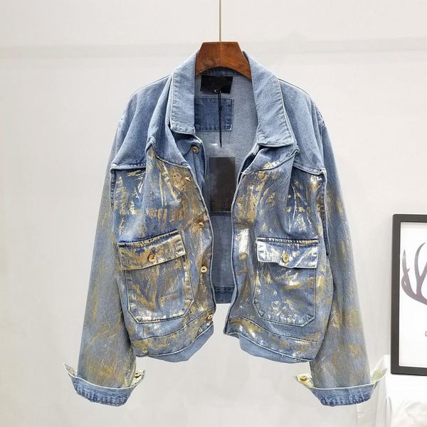 

women's jackets autumn streetwear fashion heavy work bronzing denim jacket women vintage blue loose big pocket short jeans coat female, Black;brown