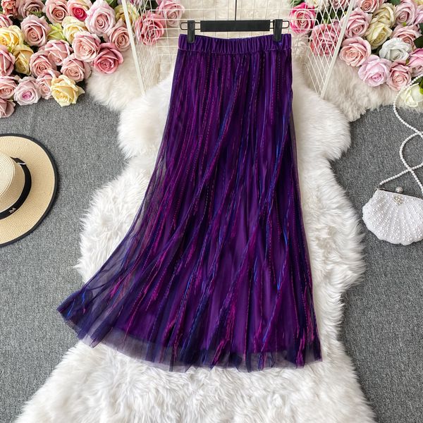 

2021 autumn purple mesh skirt for women high waist bright silk bling pleated skirts female fashion faldas saia fall 3rq2, Black