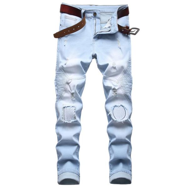 

men's jeans motorcycle stretch denim ripped casual reuined style north american trousers, Blue