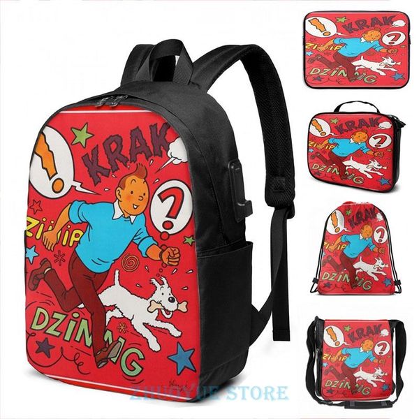 

backpack funny graphic print tintin krak dzinng usb charge men school bags women bag travel laptop