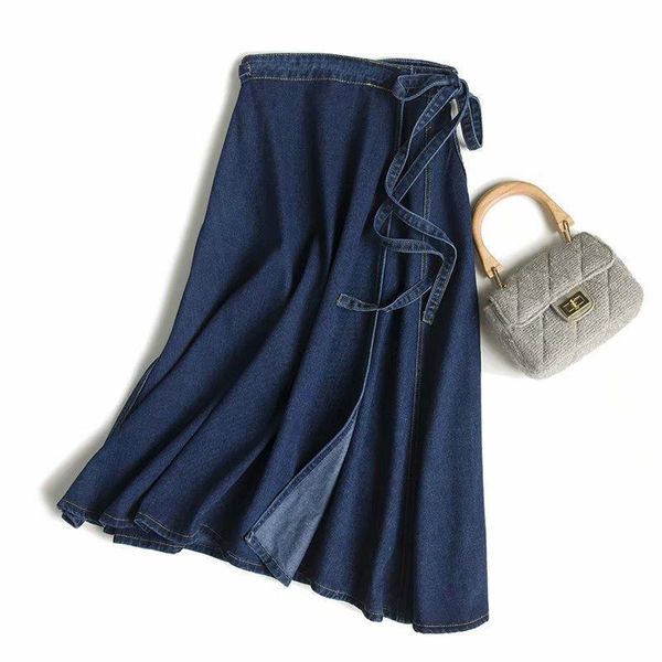 

2021 spring a line denim skirts lace up high waist long skirts side split elegant streetwear, Gray