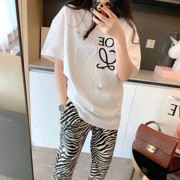 

luxury design loe moulted t-shirt short sleeve thickened spring relaxed fashion color matching letter embroidery couple's bottom shirt, White