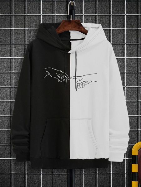 

men two tone gesture print kangaroo pocket drawstring hoodie e5on#, Black