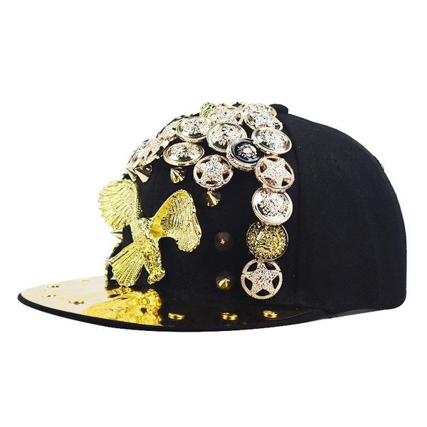 

2020 trend new heavy metal gold phoenix rivet hip-hop hat eagle skull color diamond flat-brimmed hat, Blue;gray