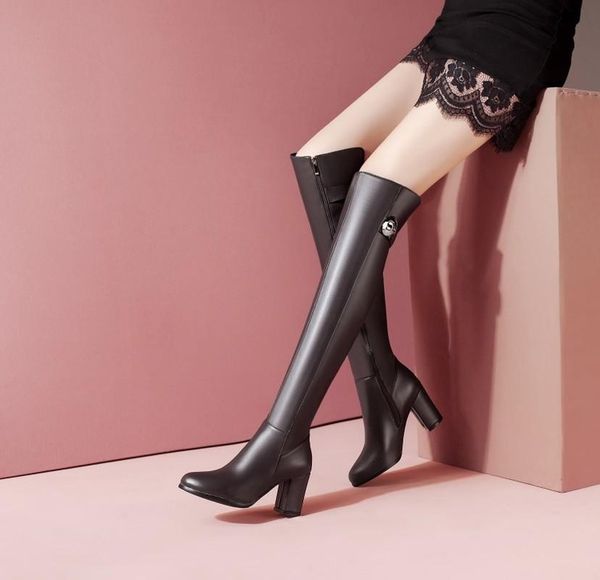 

boots winter 2021 european and american fashion horseshoe fleece lining solid metal trim high heels for women h641, Black
