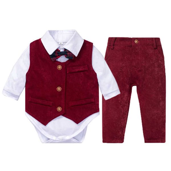 Jungen Kleidung Neugeborenen Baby Hochzeit Anzug Weiß Strampler + Rote Weste + Hosen 4 Stück Kinder Kleine Gentleman Kleinkind frühling Anzüge Kb8040 G1023