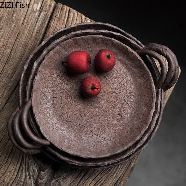 

dishes & plates coarse pottery handmade fruit plate candy snack tray with handle creative home living room decoration tableware