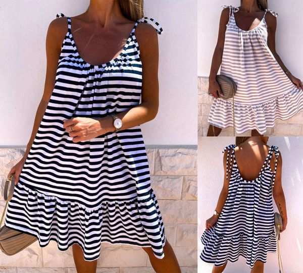 

summer women's mid waist suspender high end striped round neck open back street trendy short skirt dress, Black;gray