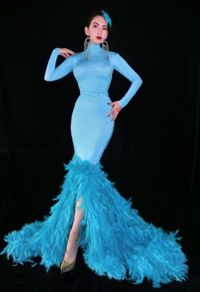 

blue elastic feather bodycon trumpet dj trajes cantor dress s8pw, White