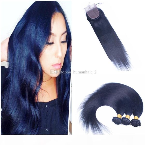 

blue human hair weaves with lace closure silky straight human hair weaves with lace closure dark blue virgin brazilain human hair, Black;brown