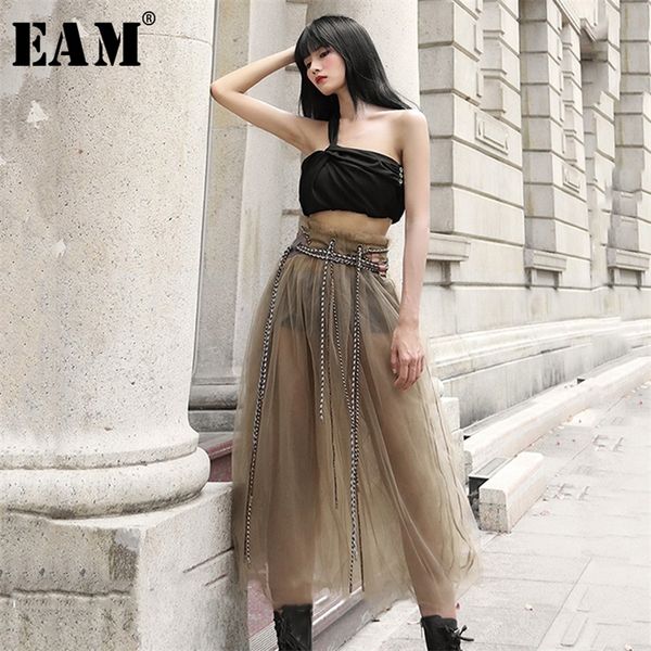 

[eam] high waist khaki mesh bandage temperament perspective half-body skirt women fashion tide new spring autumn 1y418 210311, Black