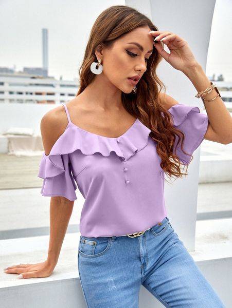 

ruffle trim cold shoulder blouse j3wb#, White
