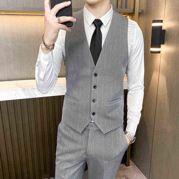 

luxury suits blaze men's casual slim fit single breasted striped korean version non ironing gray v-neck men's suit vt top, Black