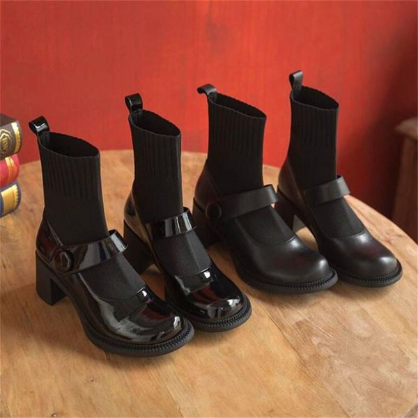 

boots fashion belt buckle round toe ladies high heel black thick autumn and winter