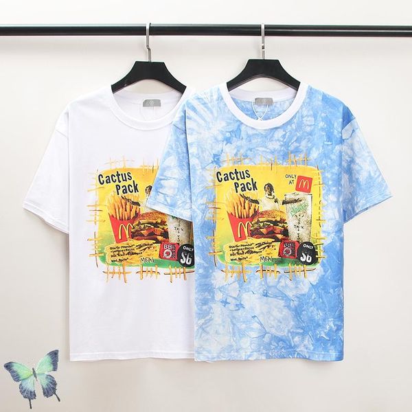 

cactus jack tie dye t shirt high street burger fries doll short sleeve t-shirt men women blue white, White;black