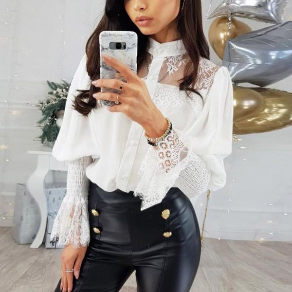 

women's blouses & shirts women white blouse celmia summer o-neck lace long sleeve hollow out casual tunics loose solid