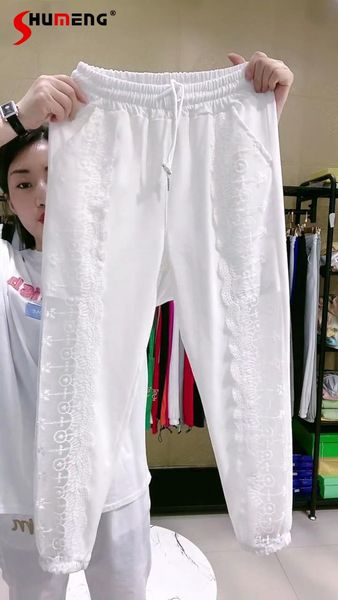 

women's pants & capris 2021 summer female fashion white hollow-out mesh lace women straight cropped casual loose korean ankle-length tr, Black;white