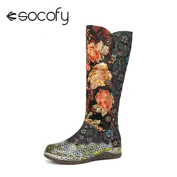 

boots socofy shoes women high graceful flowers cloth splicing floral print leather comfy warm casual flat botas mujer 2021, Black