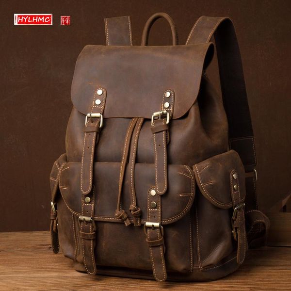 

backpack crazy horse leather men's vintage layer lapbag casual computer backpacks