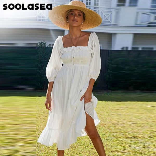 

soolasea 2021 ruffles bandage dress summer white square collar ladies casual 3/4 sleeve a line chic party midi dress vestidos, Black;gray