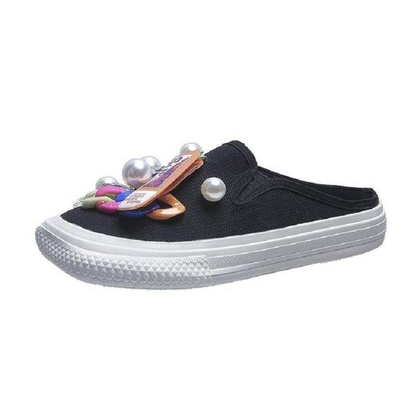 

slippers yshunij baotou semi-slippers female outer wear 2021 summer square head water drill canvas cool drag flat bottom a lazy shoes, Black