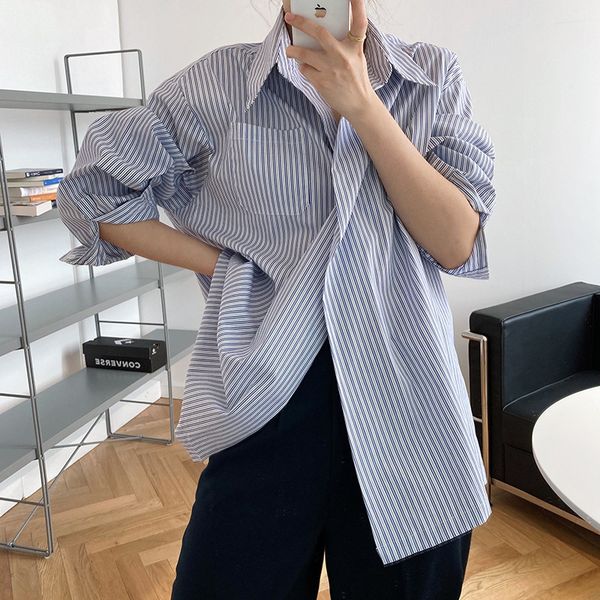 

new 2021 spring shirts turn down blue collar striped women and women's fashionable shirt l06s, Black