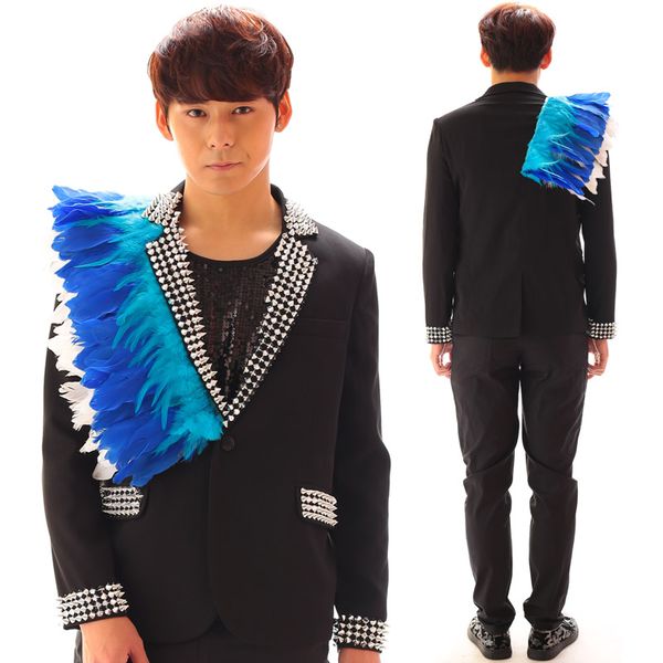 

tide male suits hip-hop performance outfits fashion feathers rivet jacket blazers two piece sets bar punk singer stage costumes, Black;red